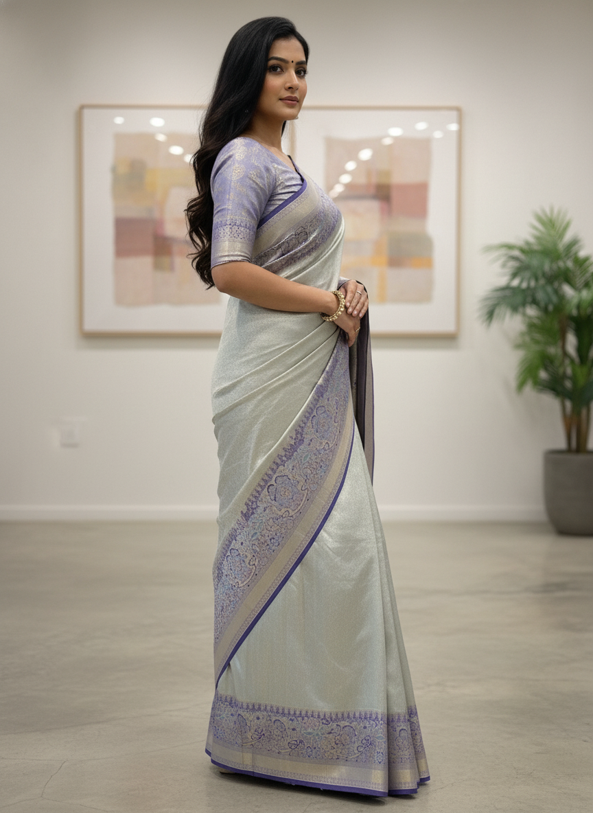 Beige  Kanchipuram Silk Saree With Butta Design| AS-00141