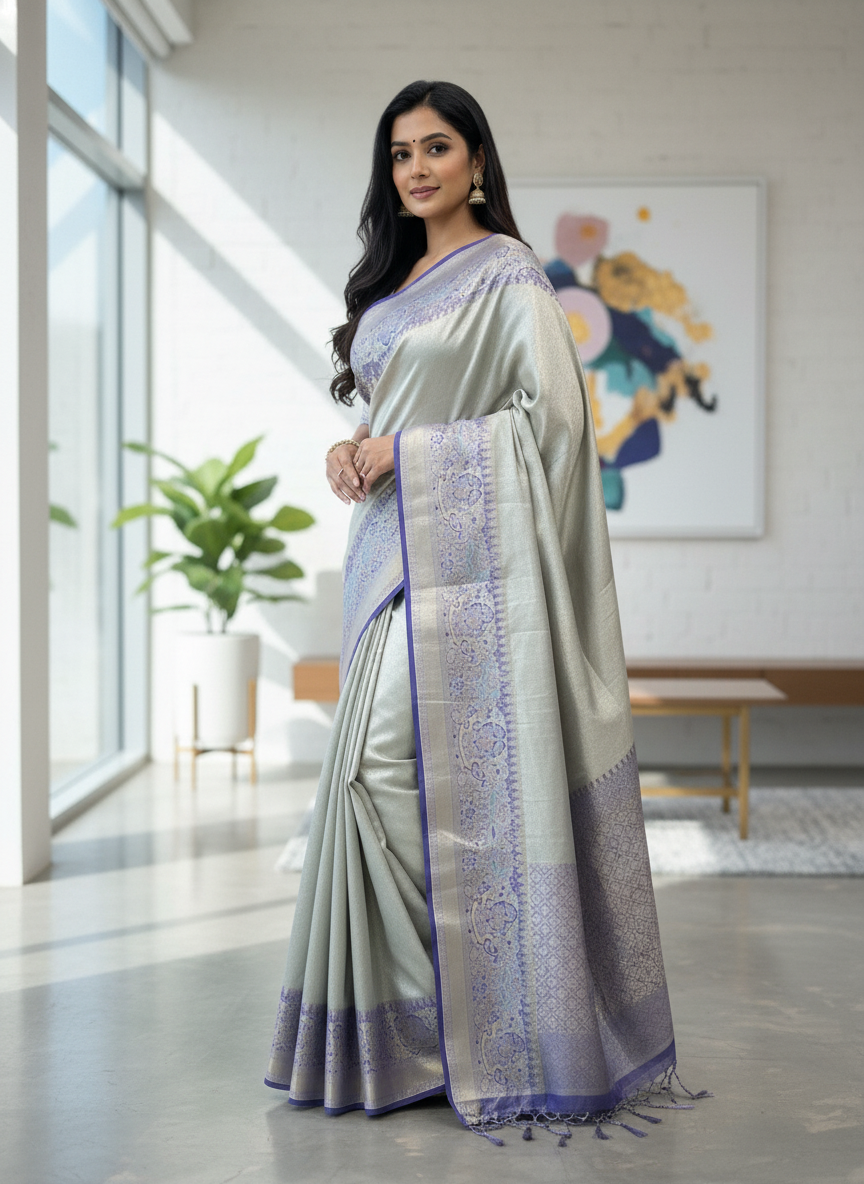 Beige  Kanchipuram Silk Saree With Butta Design| AS-00141