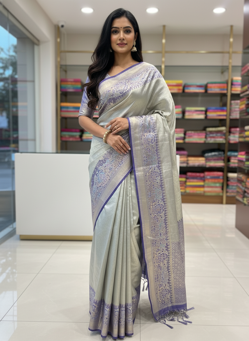 Beige  Kanchipuram Silk Saree With Butta Design| AS-00141