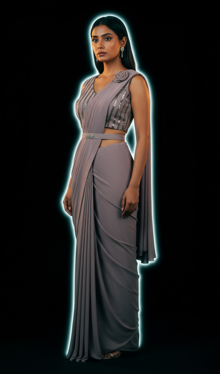 Grey Ready to wear saree with stitched blouse