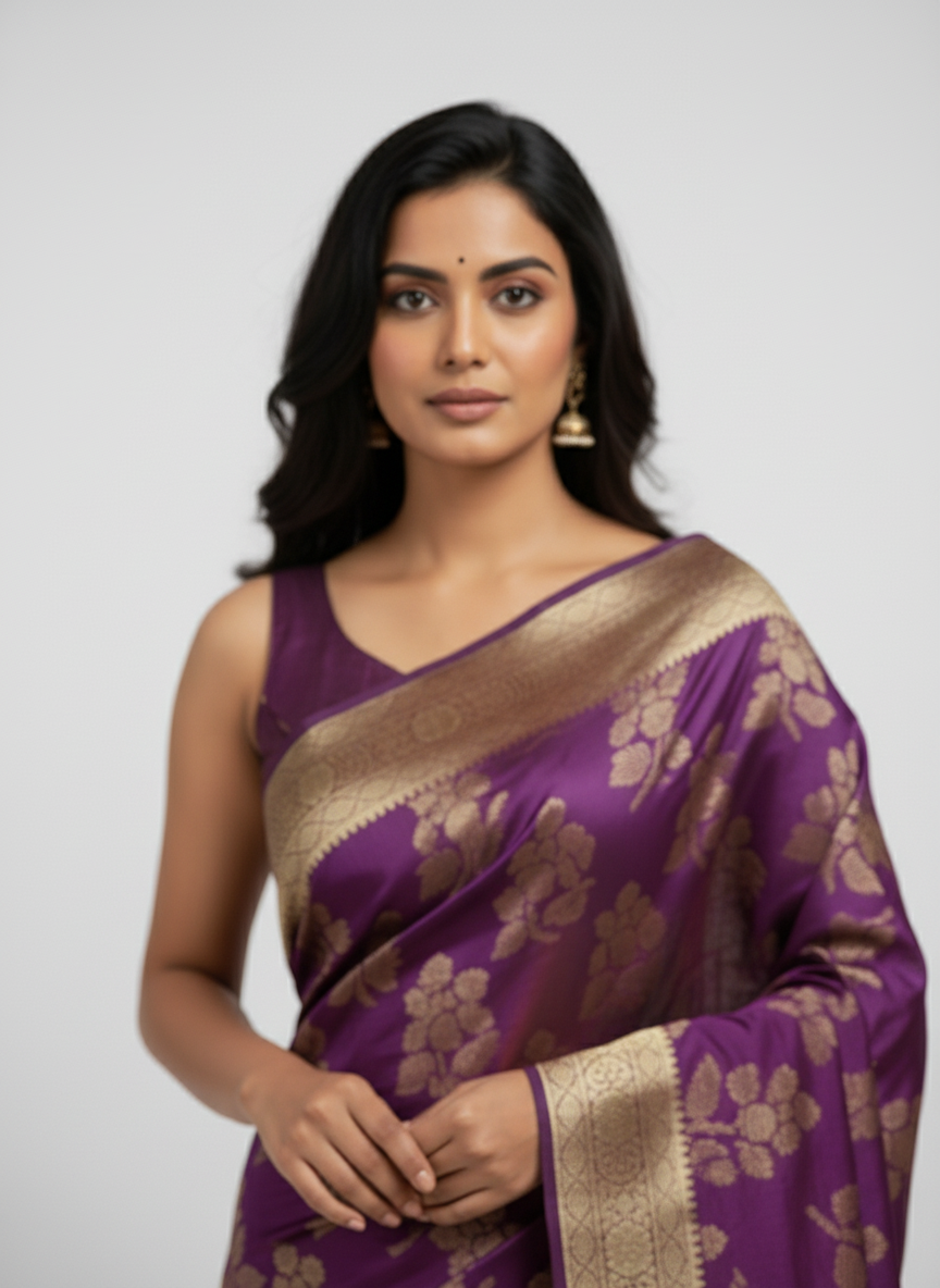 Marron Semi Silk Saree with Woven Border| AS-00245