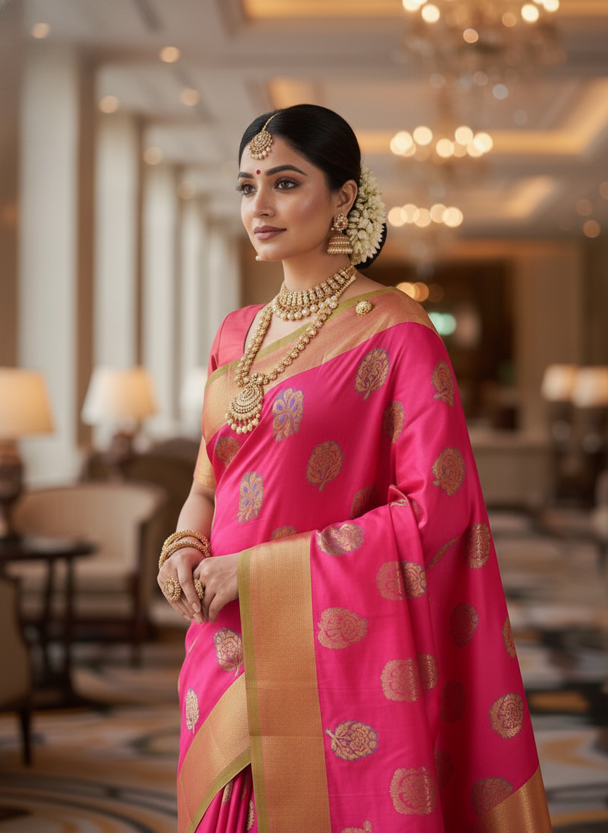 Rani pink  Silk Woven Kanjivaram Saree|AS-0052