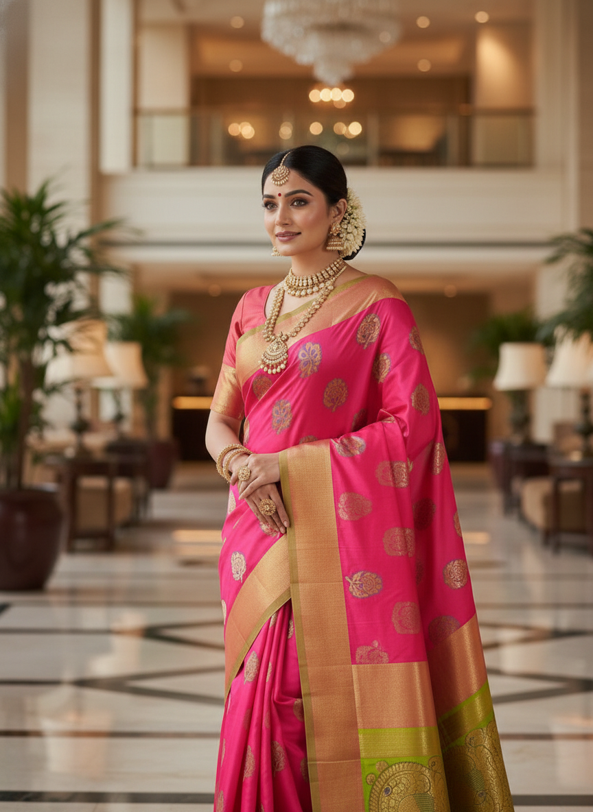 Rani pink  Silk Woven Kanjivaram Saree|AS-0052