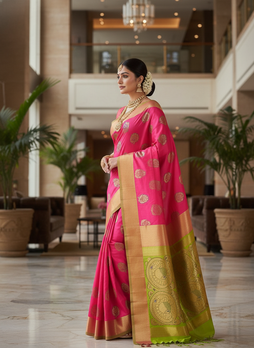 Rani pink  Silk Woven Kanjivaram Saree|AS-0052