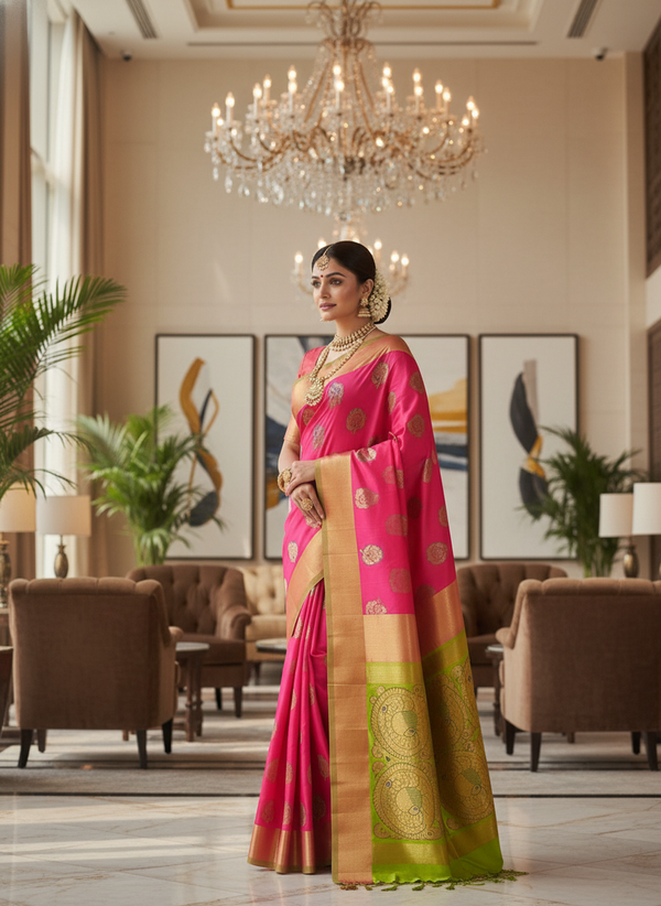 Rani pink  Silk Woven Kanjivaram Saree|AS-0052