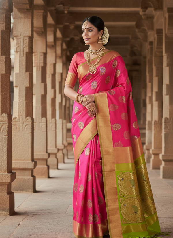 Rani pink  Silk Woven Kanjivaram Saree|AS-0052