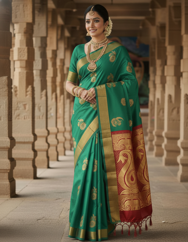 Rama green Woven Kanjivaram Saree|AS-0054