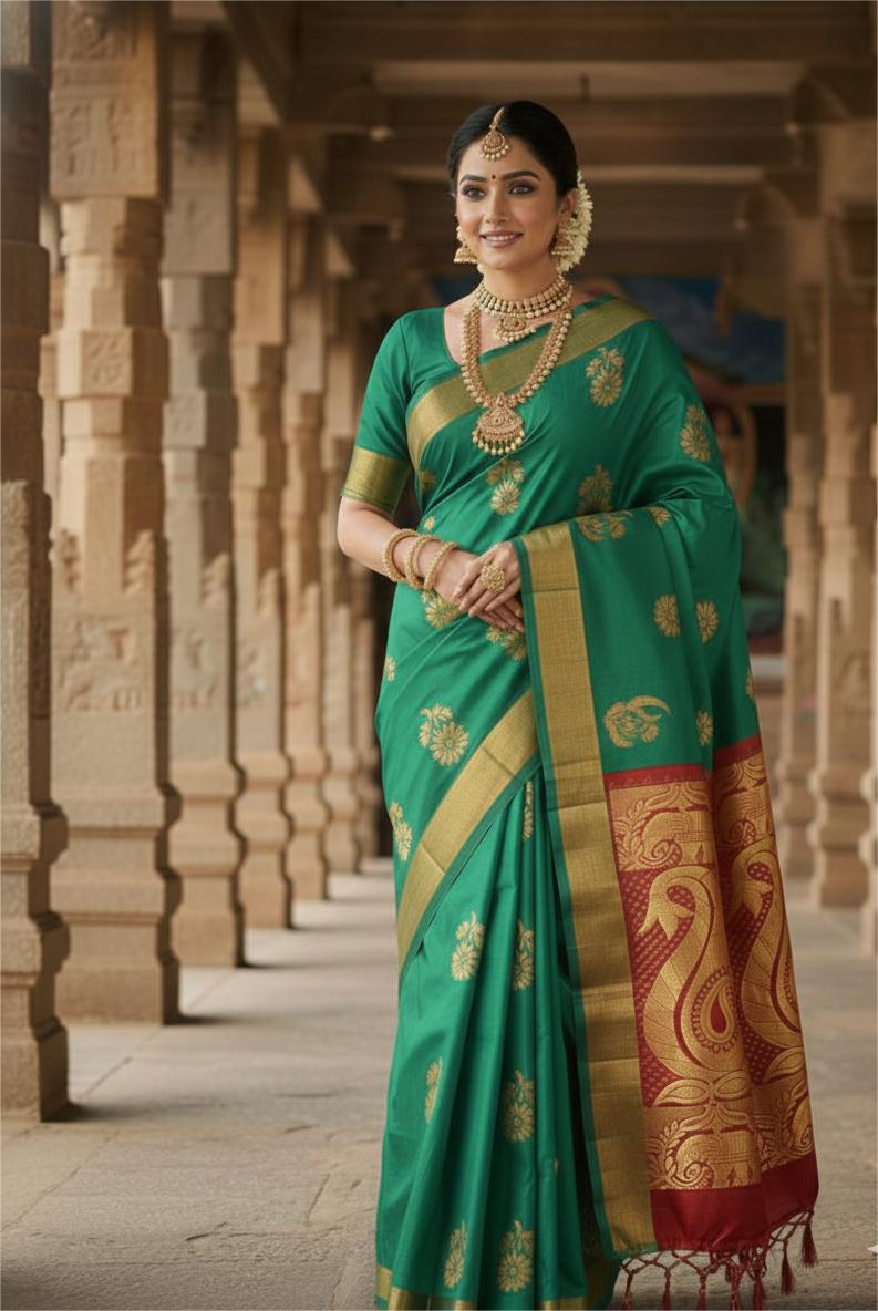 Rama green Woven Kanjivaram Saree|AS-0054