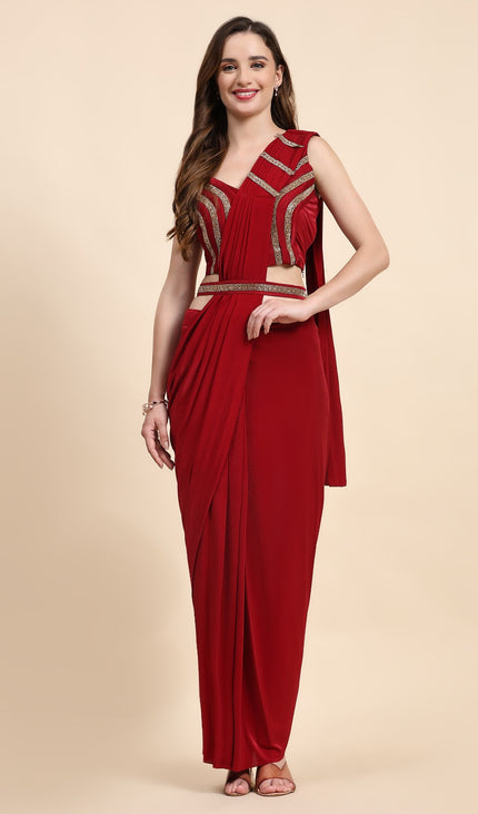 Red Ready-to-Wear Saree with Stitched Blouse