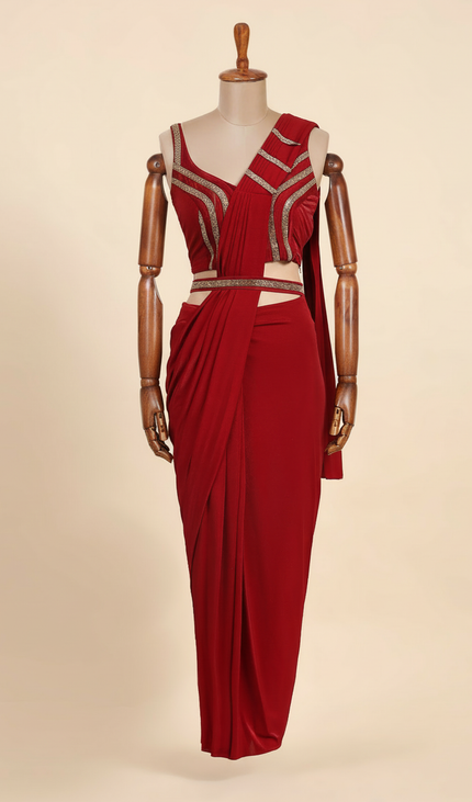 Red Ready-to-Wear Saree with Stitched Blouse