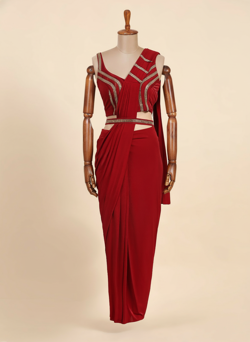 Ready To Wear Red chiffon solid Saree