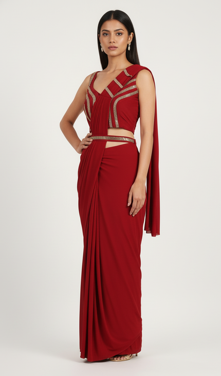 Red Ready-to-Wear Saree with Stitched Blouse