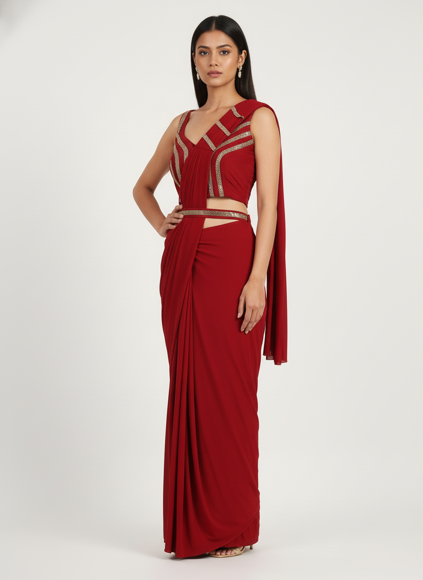 Ready To Wear Red chiffon solid Saree