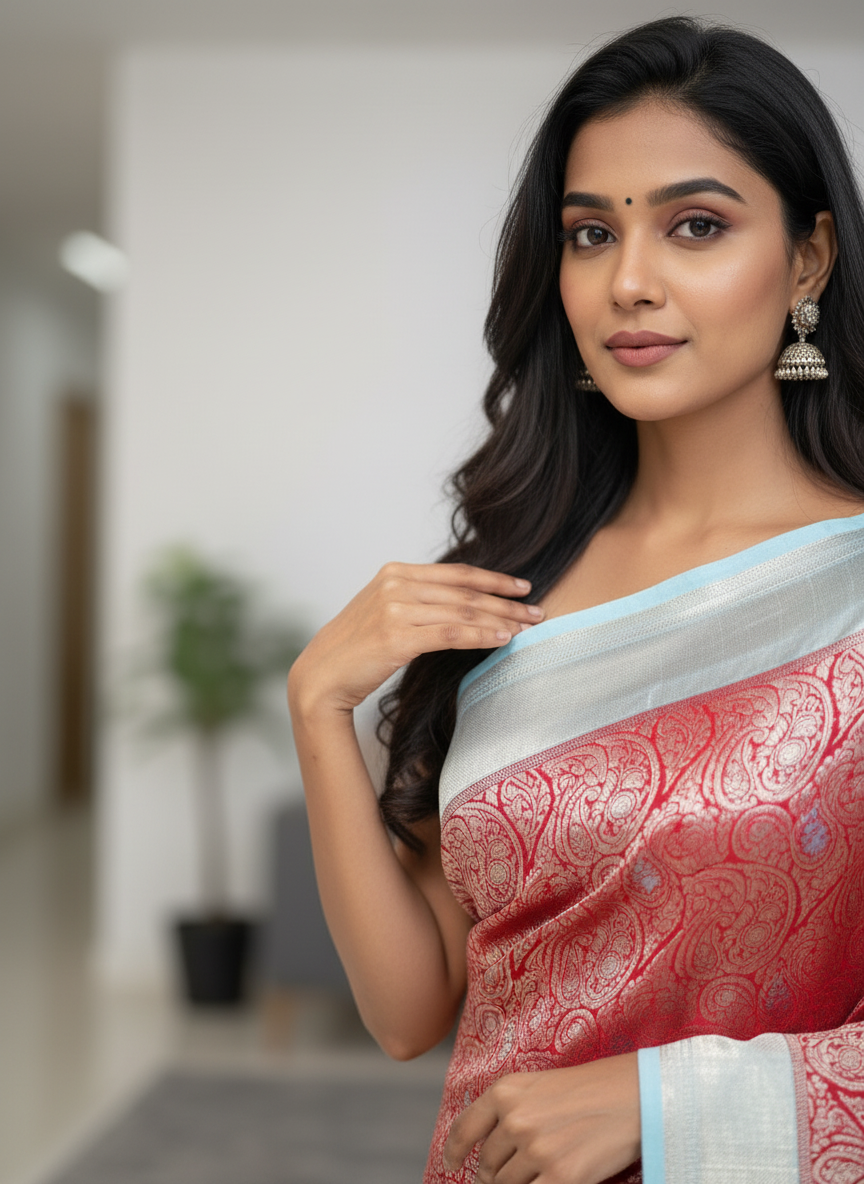 Red Kanchipuram Silk Saree With Butta Design| AS-00129