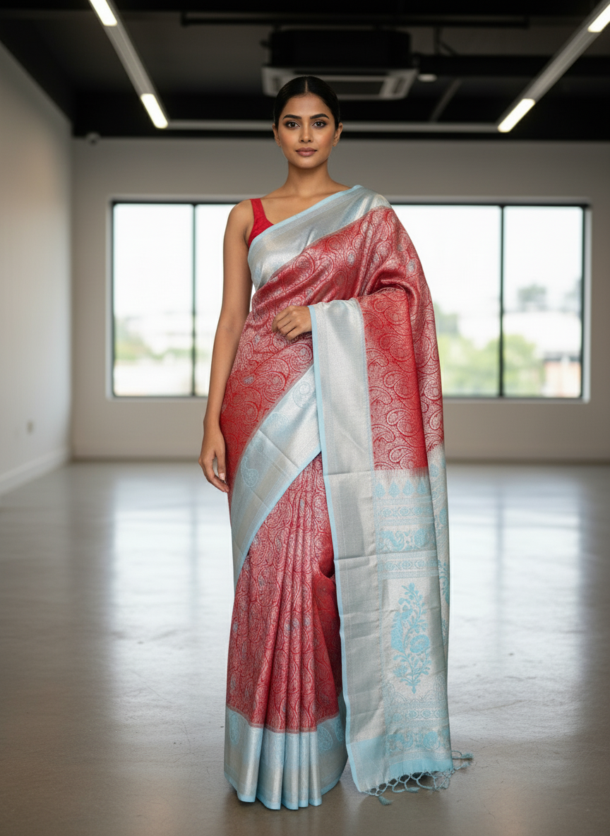 Red Kanchipuram Silk Saree With Butta Design| AS-00129