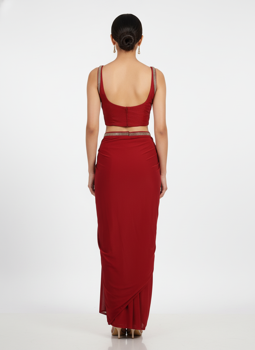 Ready To Wear Red chiffon solid Saree