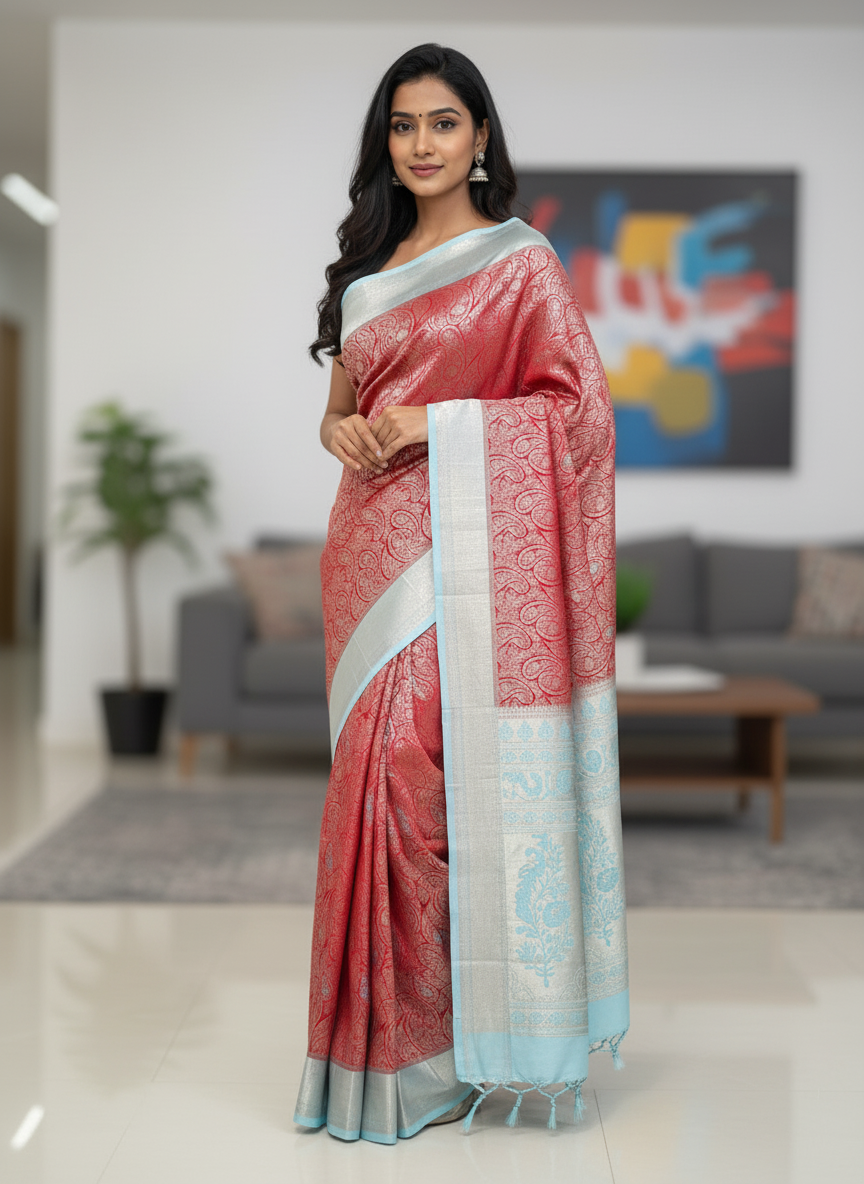 Red Kanchipuram Silk Saree With Butta Design| AS-00129