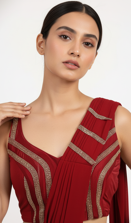 Red Ready-to-Wear Saree with Stitched Blouse