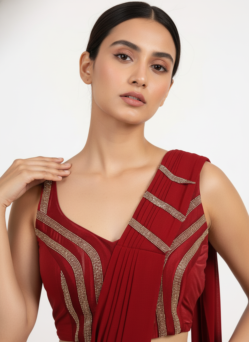 Ready To Wear Red chiffon solid Saree