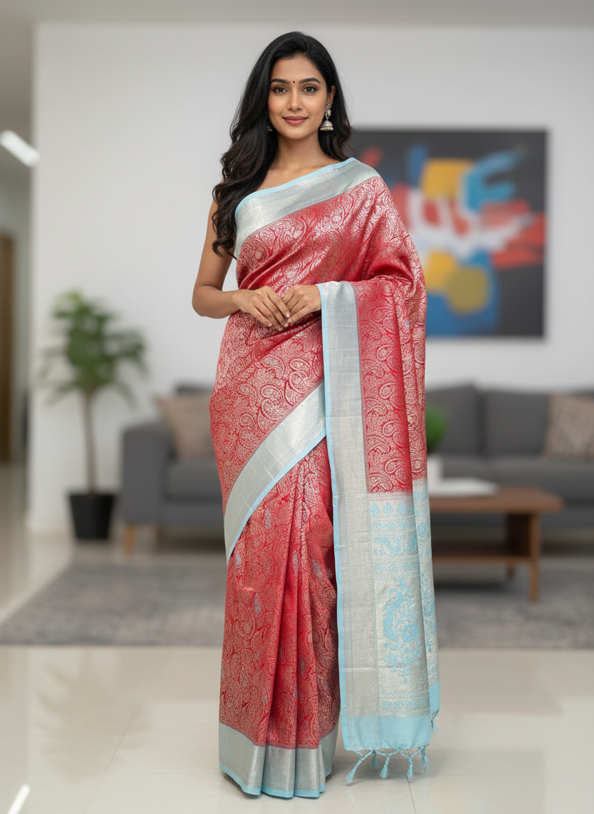 Red Kanchipuram Silk Saree With Butta Design| AS-00129