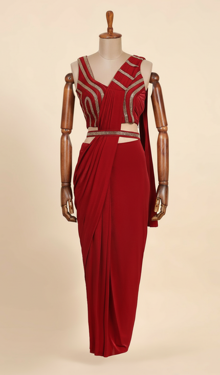 Red Ready-to-Wear Saree with Stitched Blouse
