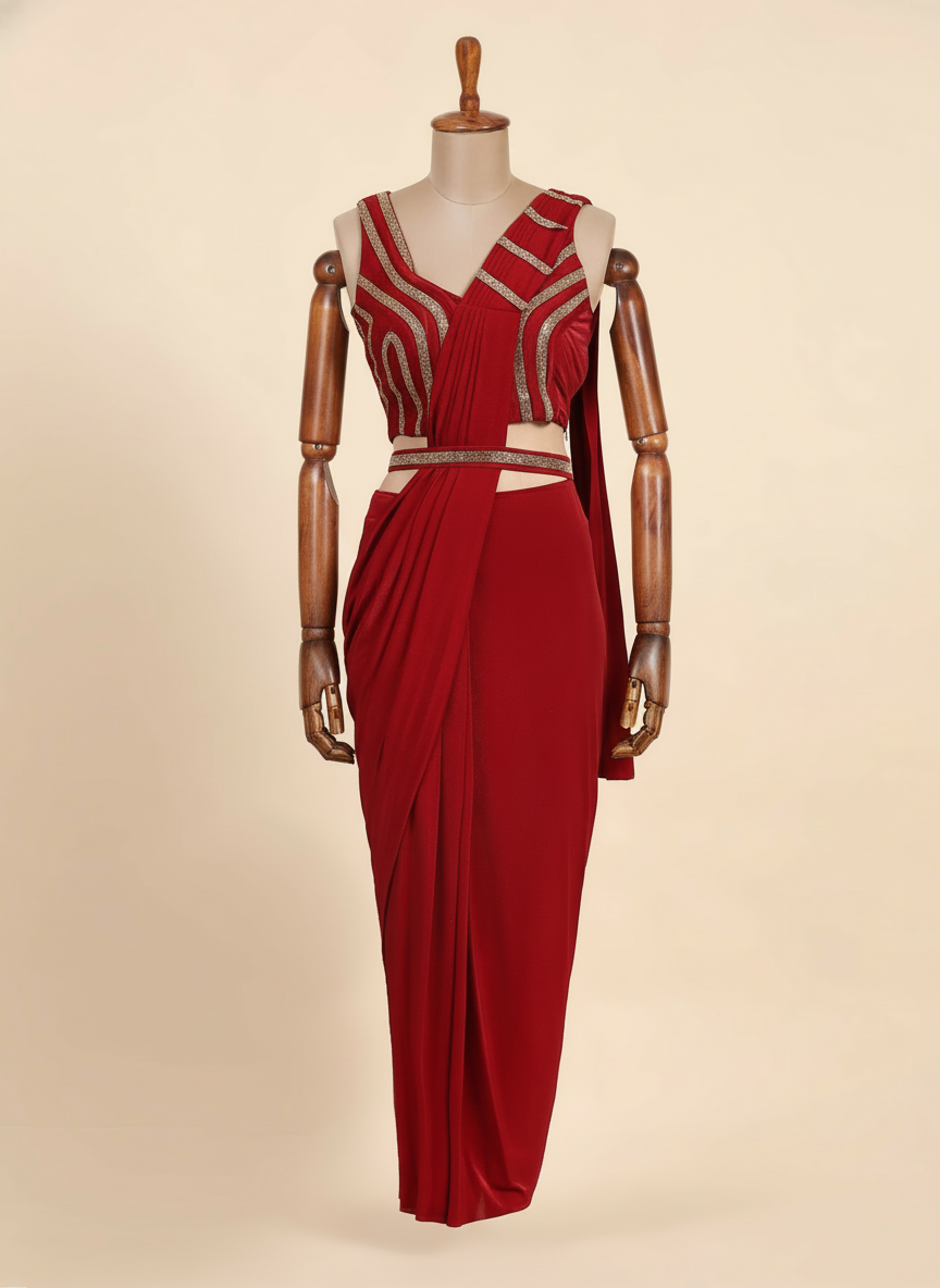 Ready To Wear Red chiffon solid Saree