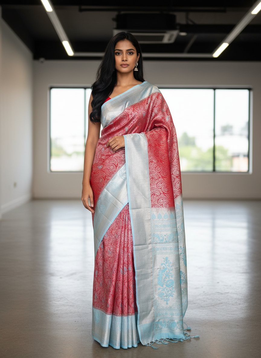 Red Kanchipuram Silk Saree With Butta Design| AS-00129