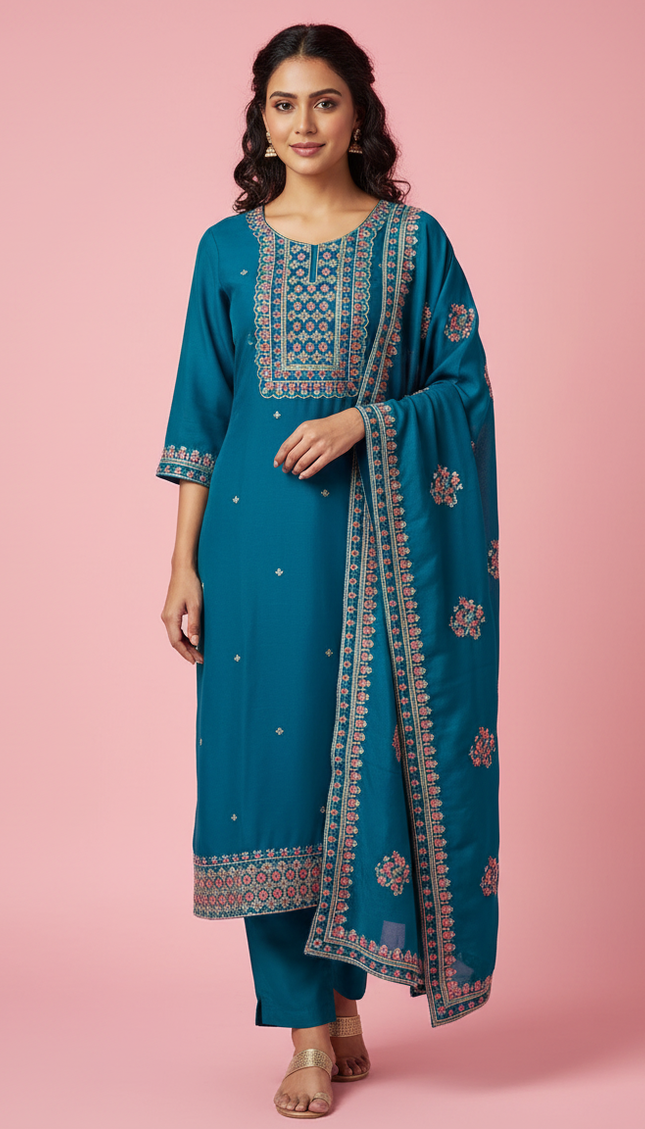 Teal Blue Georgette Straight Cut with Floral Embroidered Panel|SC5