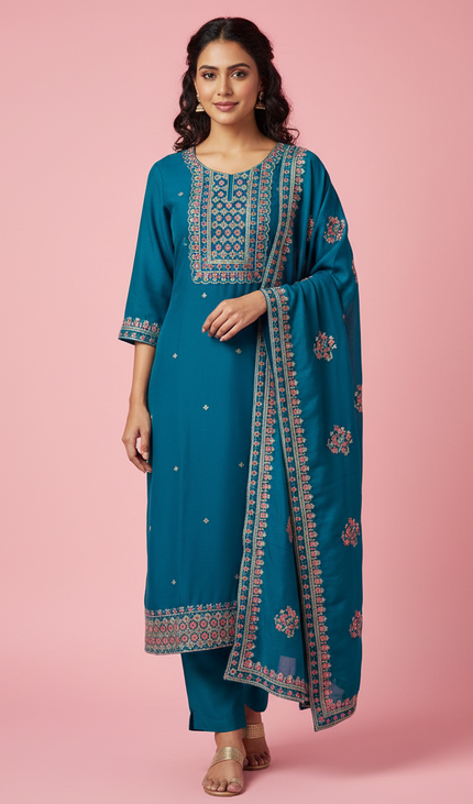 Teal Blue Georgette Straight Cut with Floral Embroidered Panel|SC5