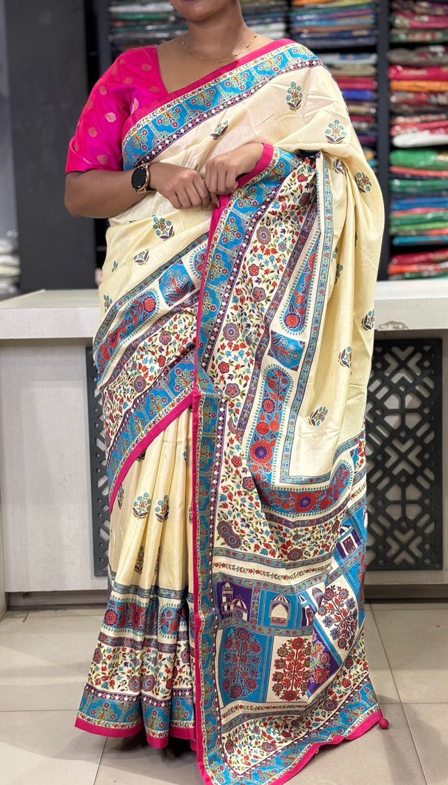 Cream  Dolla Silk Designer Saree with Digital Print & Broad Border |DS32_3