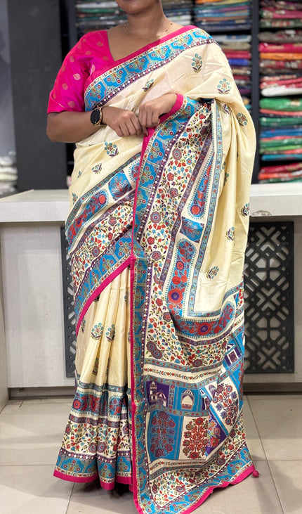 Cream  Dolla Silk Designer Saree with Digital Print & Broad Border |DS32_3