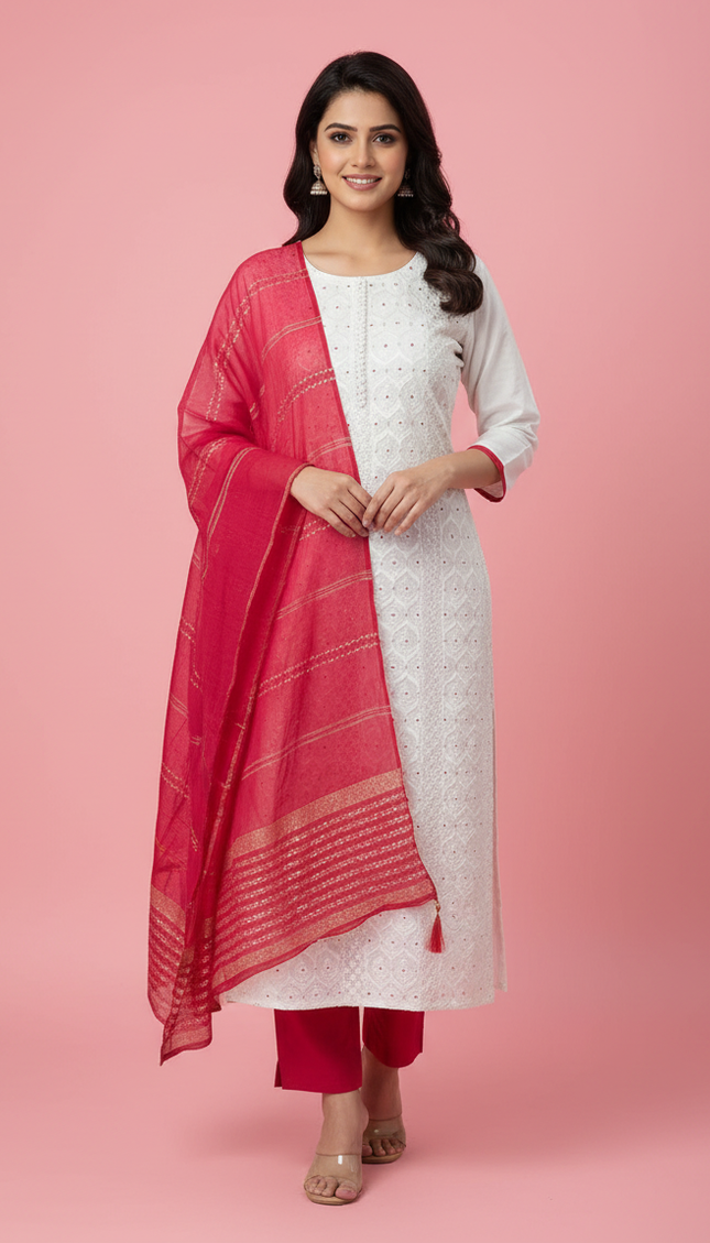 White Cotton Silk Straight Cut Kurti with All Over Embroidery|SC10