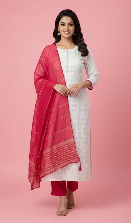 White Cotton Silk Straight Cut Kurti with All Over Embroidery|SC10