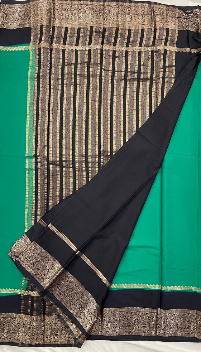 Teal & Black Big Border Semi Mysore Silk Saree|S19_2