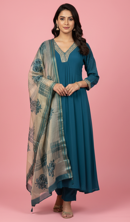Teal Blue Muslin Anarkali  with Designer Neck Embroidery|A1