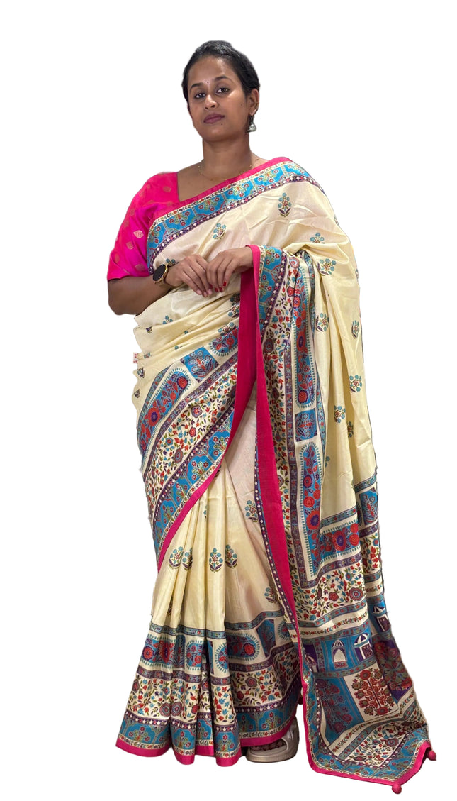Cream  Dolla Silk Designer Saree with Digital Print & Broad Border |DS32_3