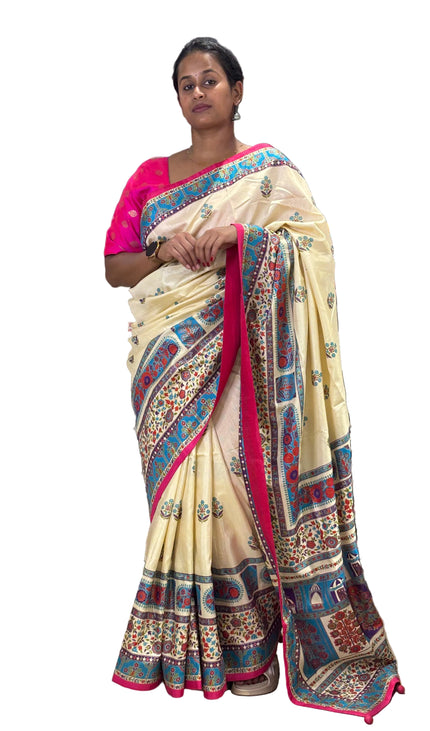 Cream  Dolla Silk Designer Saree with Digital Print & Broad Border |DS32_3