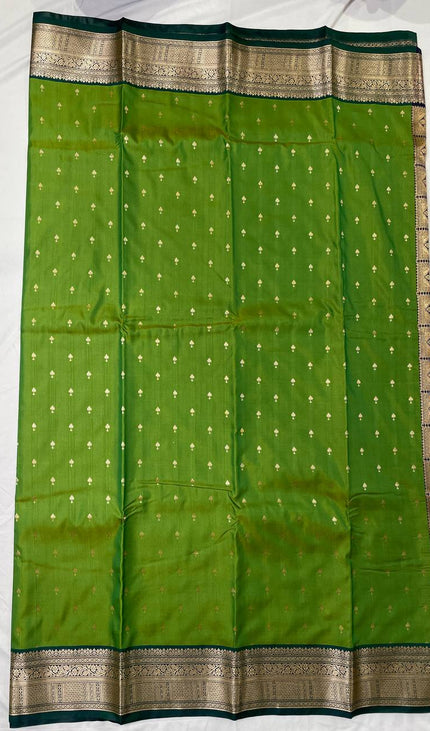 Semi Kanjivaram Silk Saree –Green with Teal Zari Border|S12_3