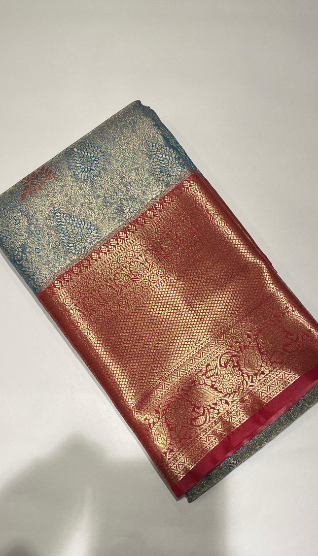 Blue Banarasi tissue silk saree woven with red zari border|S7_1