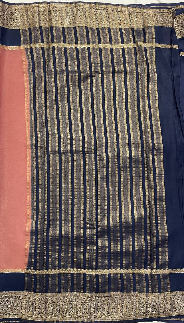 Dusty Rose & Navy Blue Big Border Semi Mysore Silk Saree|S19_4