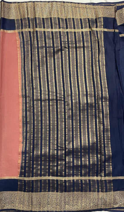 Dusty Rose & Navy Blue Big Border Semi Mysore Silk Saree|S19_4