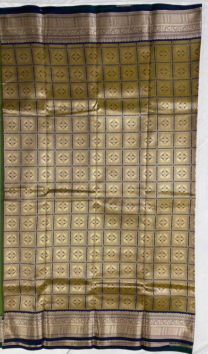 Semi Kanjivaram Silk Saree –Green with Teal Zari Border|S12_3