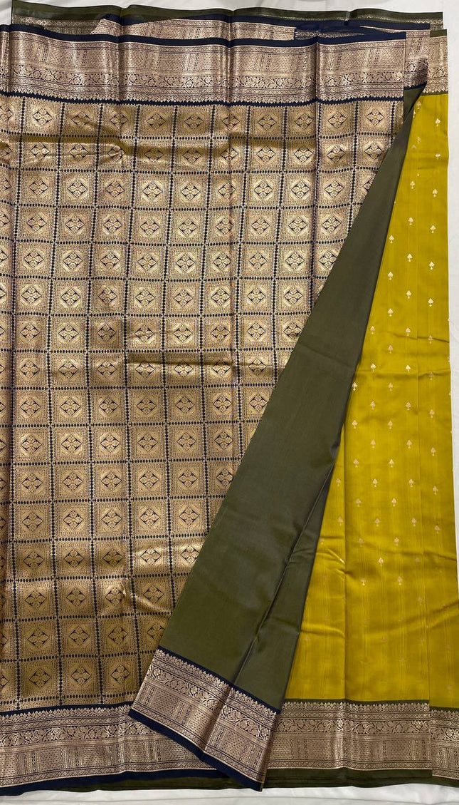 Semi Kanjivaram Silk Saree –  yellow olive with Antique Grey Zari Border|S12_6