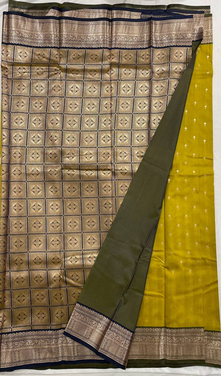 Semi Kanjivaram Silk Saree –  yellow olive with Antique Grey Zari Border|S12_6