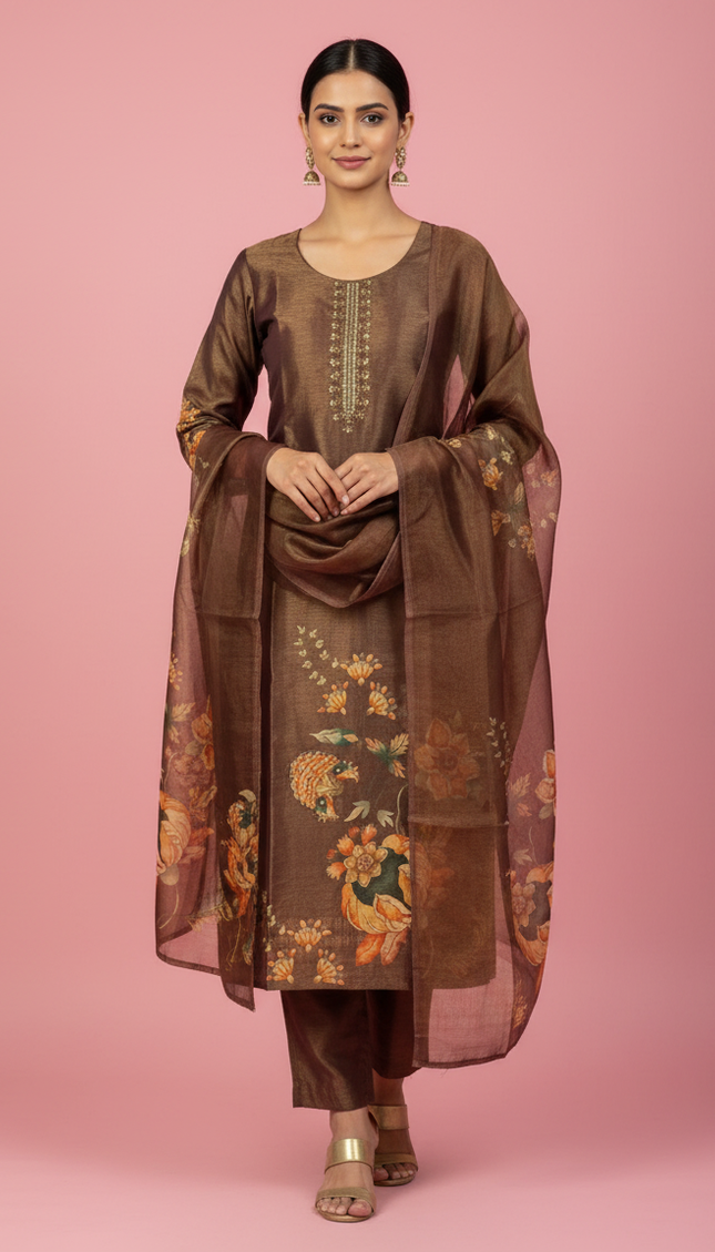 Brown  Tissue Silk Straight Cut with Beaded Embroidery|SC8_1