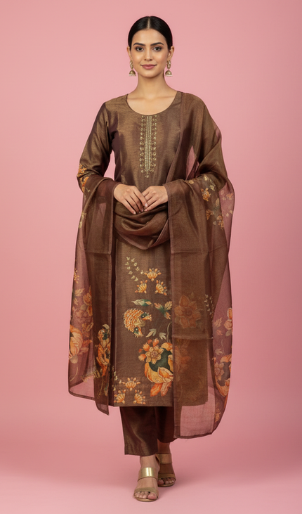Brown  Tissue Silk Straight Cut with Beaded Embroidery|SC8_1