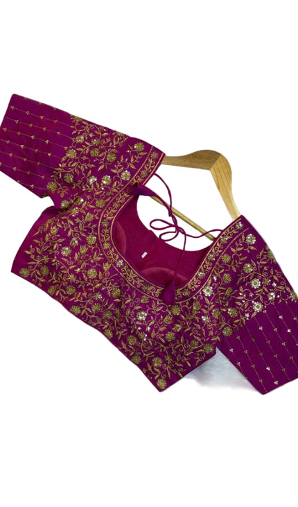 Rani pink embroidery blouse with sleeves free size upto 42| B4