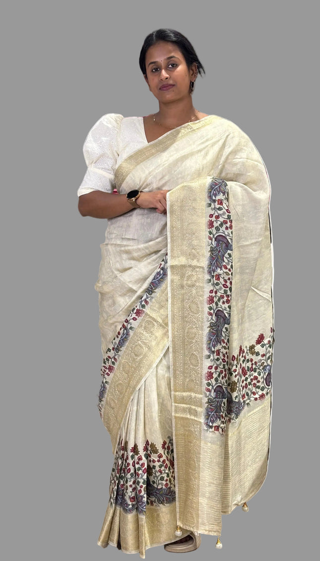 Beige Cotton Silk Designer Saree with Floral Border Print & Blouse |DS30|