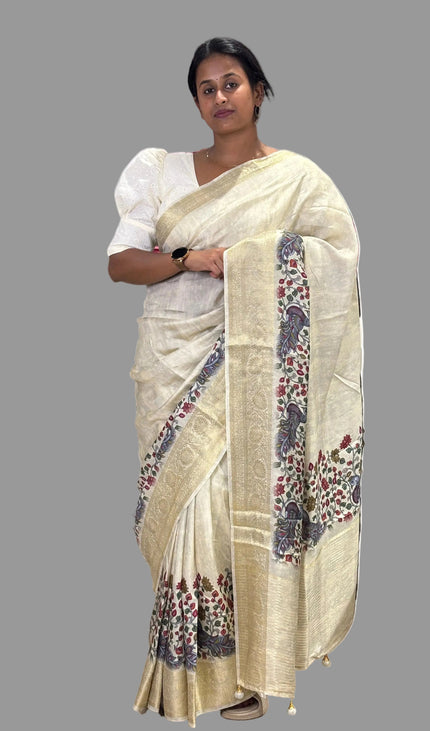 Beige Cotton Silk Designer Saree with Floral Border Print & Blouse |DS30|