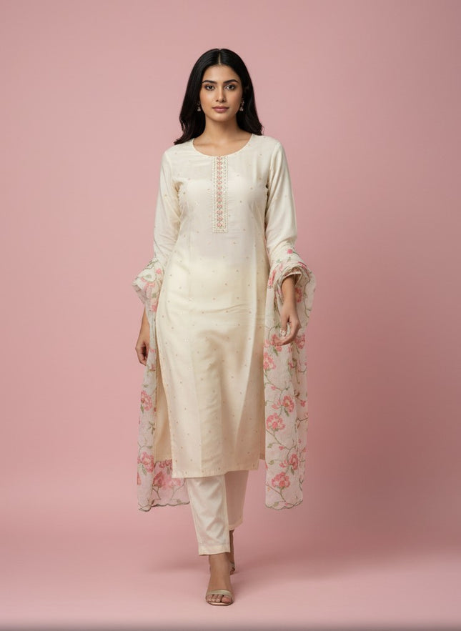 Cream Silk  Straight Cut Kurti with Floral Panel Work|SC9